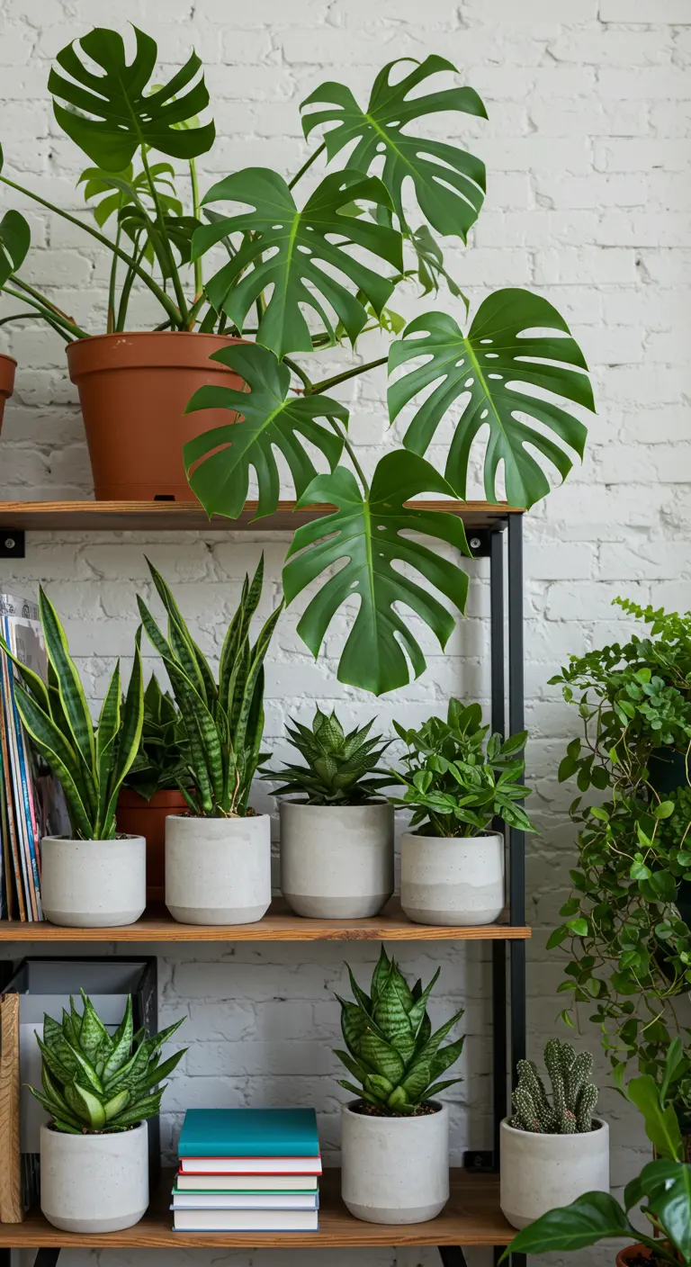 Étagères métalliques avec Monstera, Sansevieria et succulentes en pots clairs.
