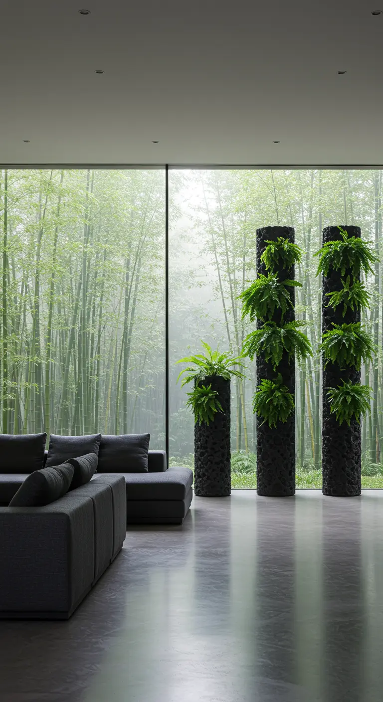 Trois hautes colonnes noires avec des fougères à différents niveaux devant une baie vitrée.