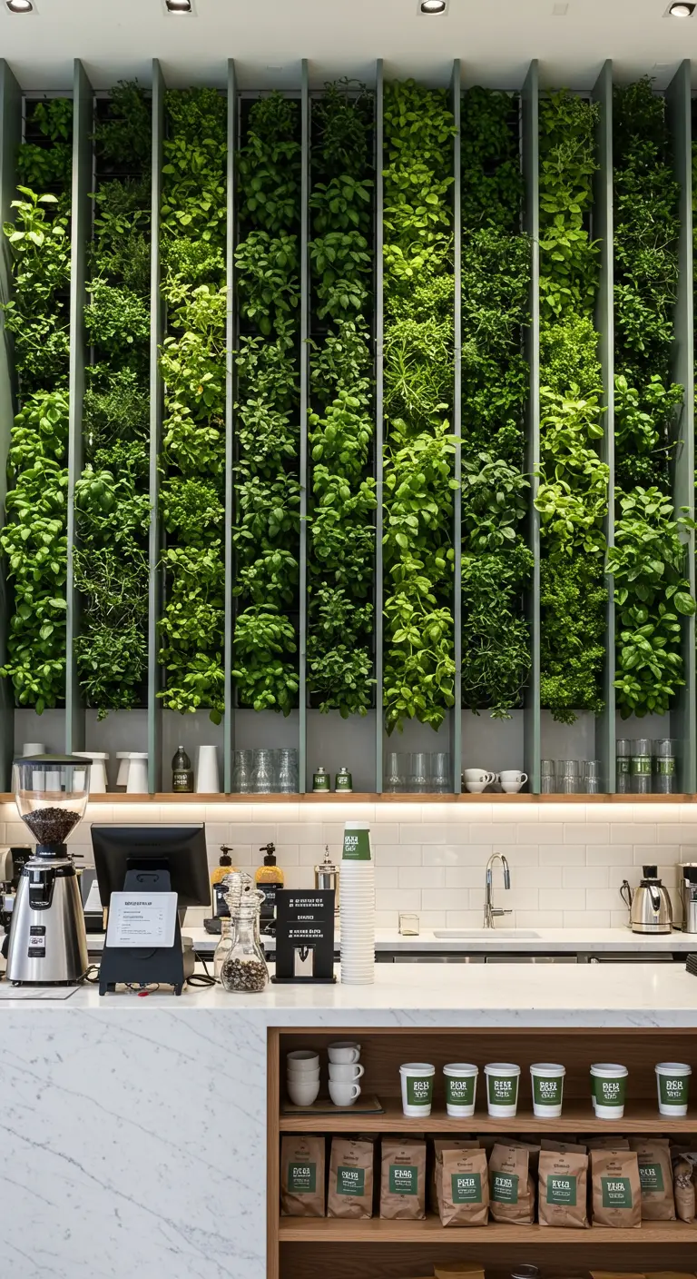 Plusieurs colonnes végétales remplies d'herbes aromatiques dans un café moderne.