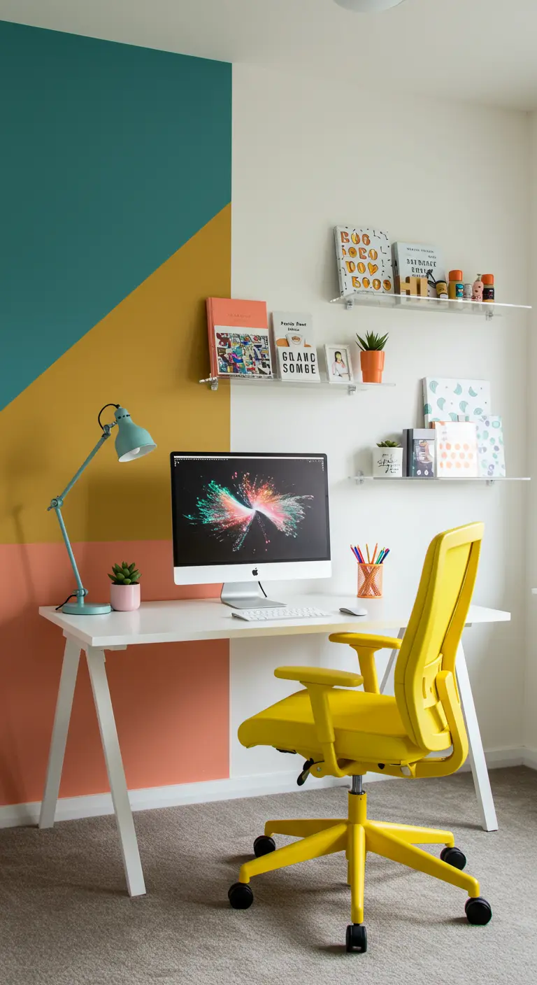 Bureau blanc avec chaise jaune vif devant un mur peint en blocs de couleurs géométriques.