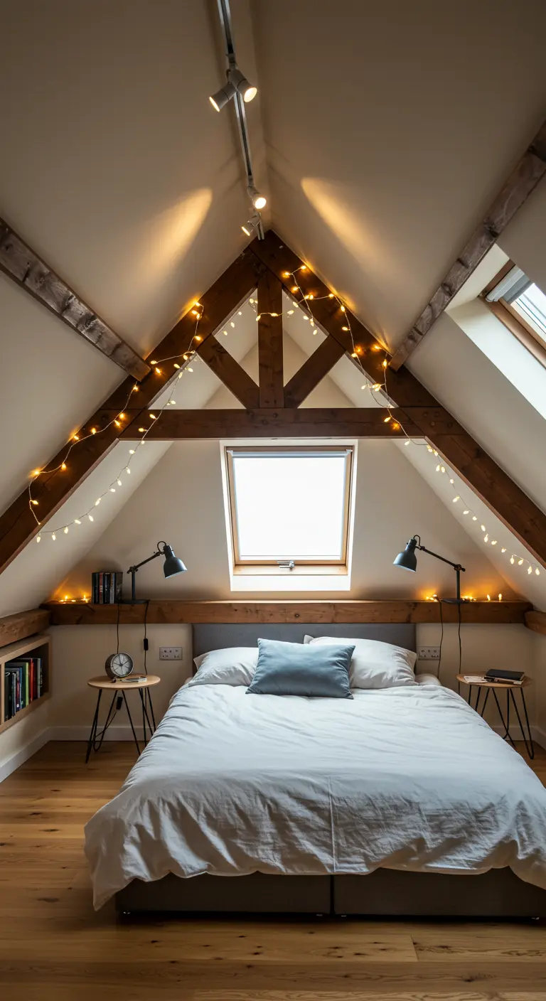 Chambre mansardée avec poutres en bois, guirlandes lumineuses, fenêtre de toit et appliques murales au-dessus du lit.