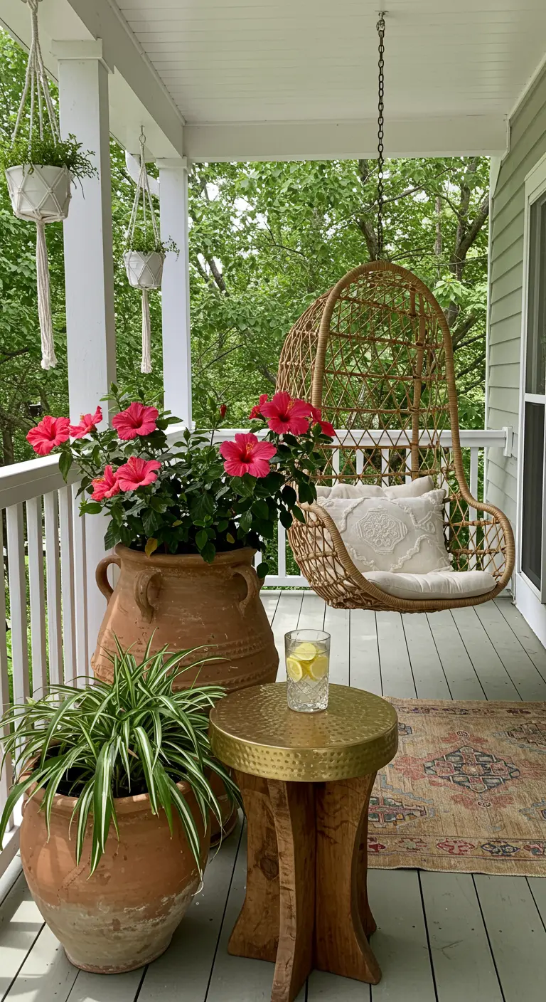 Porche avec un fauteuil suspendu en rotin, de grands pots en terre cuite et des hibiscus roses.