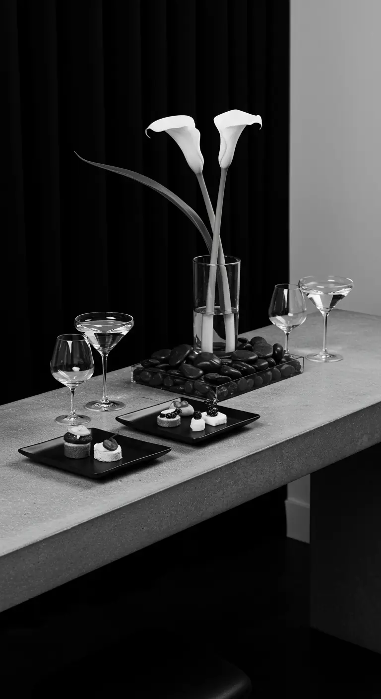 Mise en scène minimaliste en noir et blanc avec des arums et des galets noirs