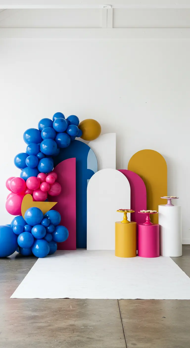 Grappes de ballons colorés sur des panneaux géométriques de style Memphis.