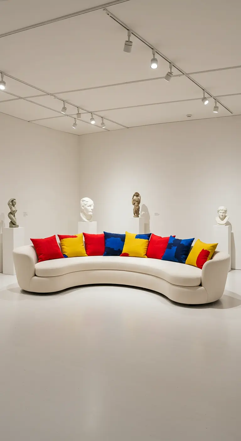 Canapé incurvé blanc cassé avec des coussins audacieux aux couleurs primaires, rouge, jaune et bleu.