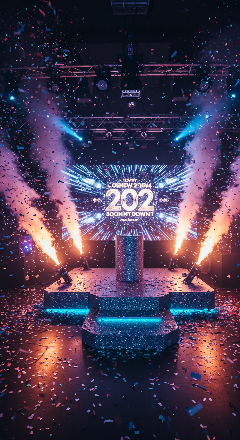 Photobooth cyberpunk avec écran LED, canons à fumée, confettis et lumières bleues intenses.