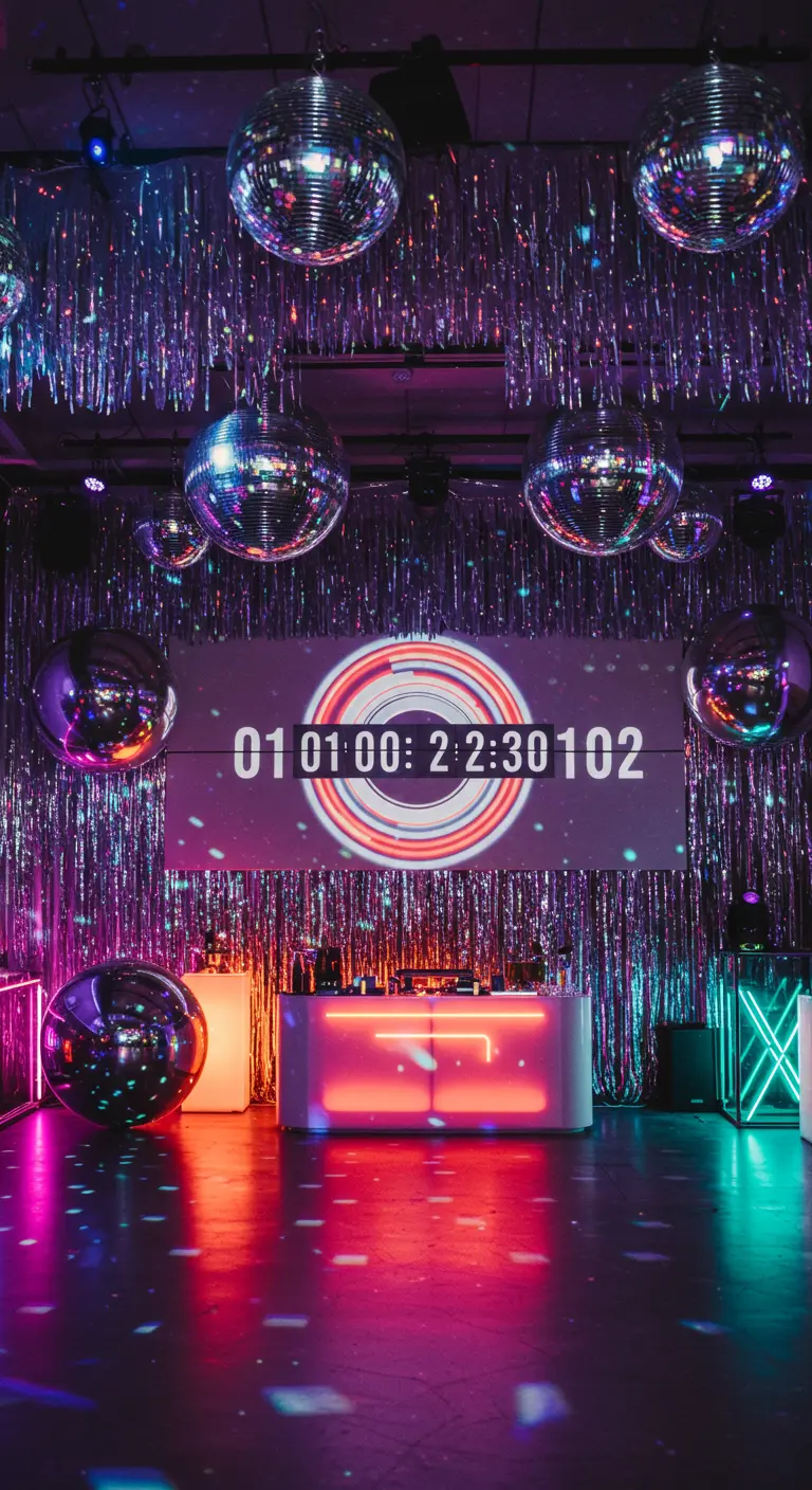 Scène de fête disco avec des boules à facettes et un compte à rebours projeté.