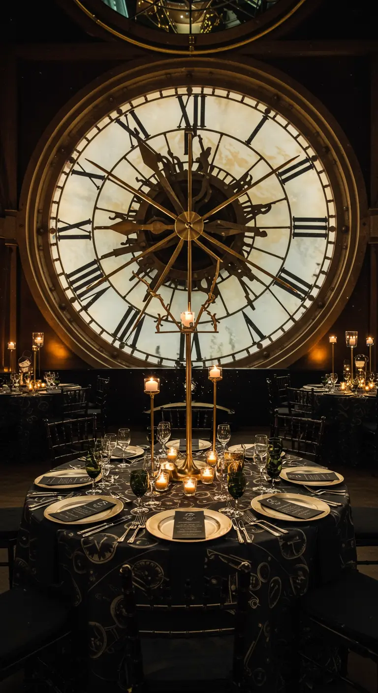 Table de fête devant une horloge géante, thème steampunk noir et or.