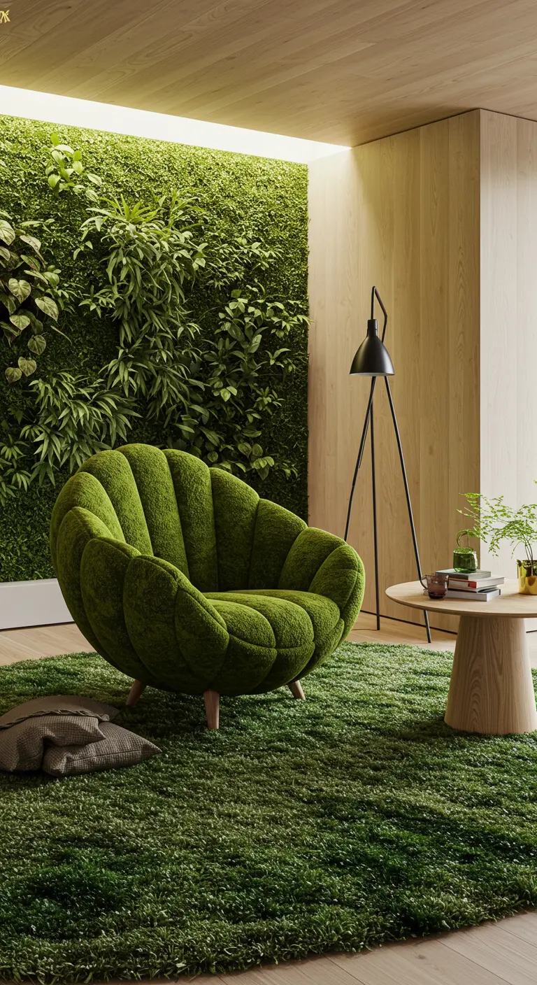 Fauteuil vert texturé imitant la mousse devant un mur végétal.