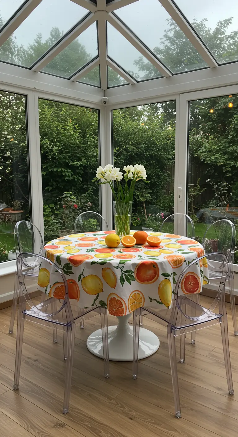 Véranda avec table ronde à motifs d'agrumes, chaises transparentes et freesias blancs.