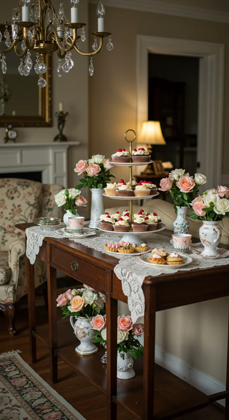 Console latérale avec présentoir de cupcakes, petits bouquets de roses et nappe en dentelle.