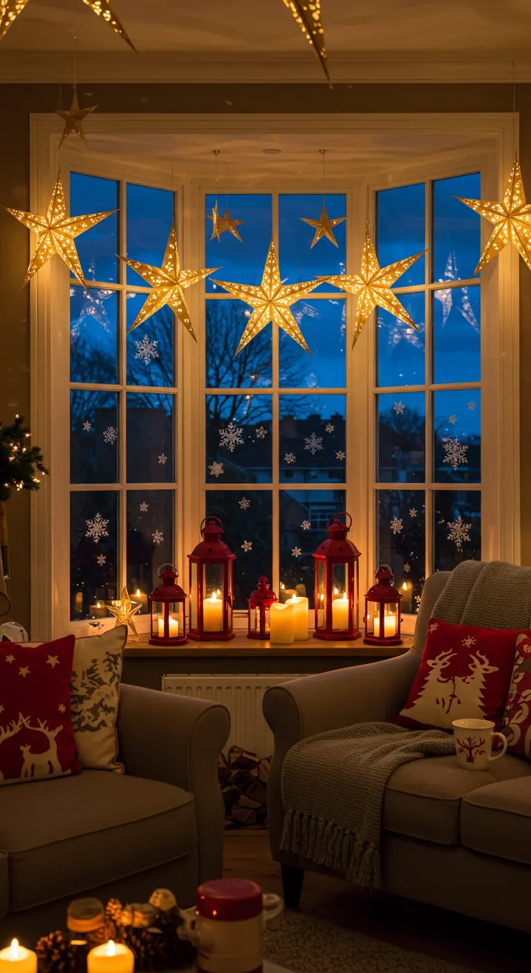 Salon cosy avec étoiles lumineuses suspendues et lanternes rouges sur le rebord de la fenêtre.