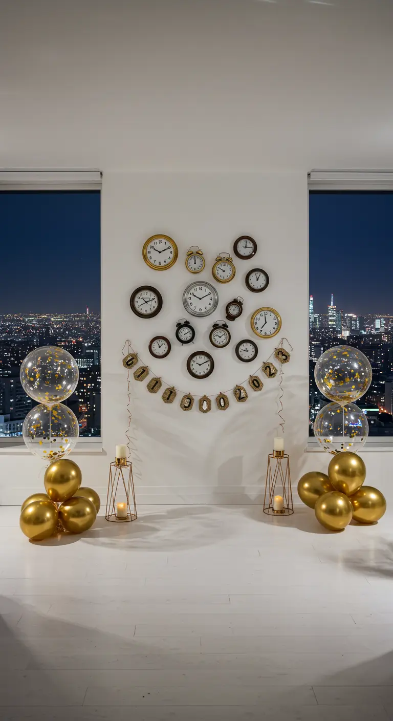 Mur blanc décoré d'une collection d'horloges et encadré de ballons dorés.