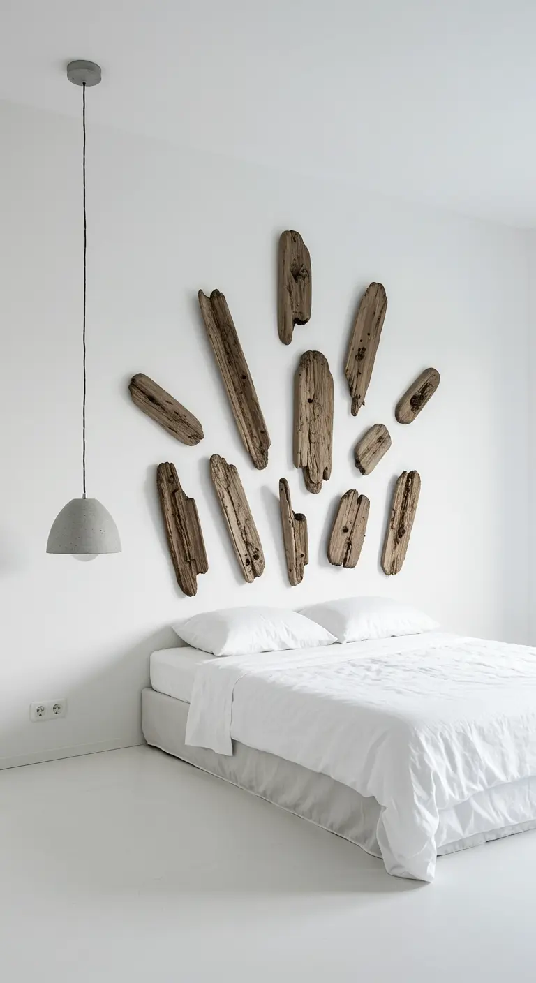 Plusieurs morceaux de bois flotté de tailles différentes disposés sur un mur blanc au-dessus du lit.