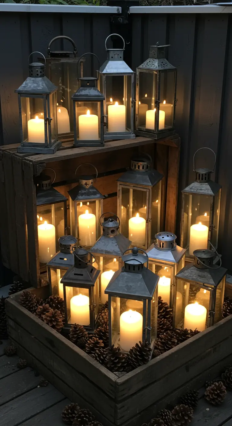 Nombreuses lanternes de styles variés allumées et disposées dans et sur des caisses en bois.