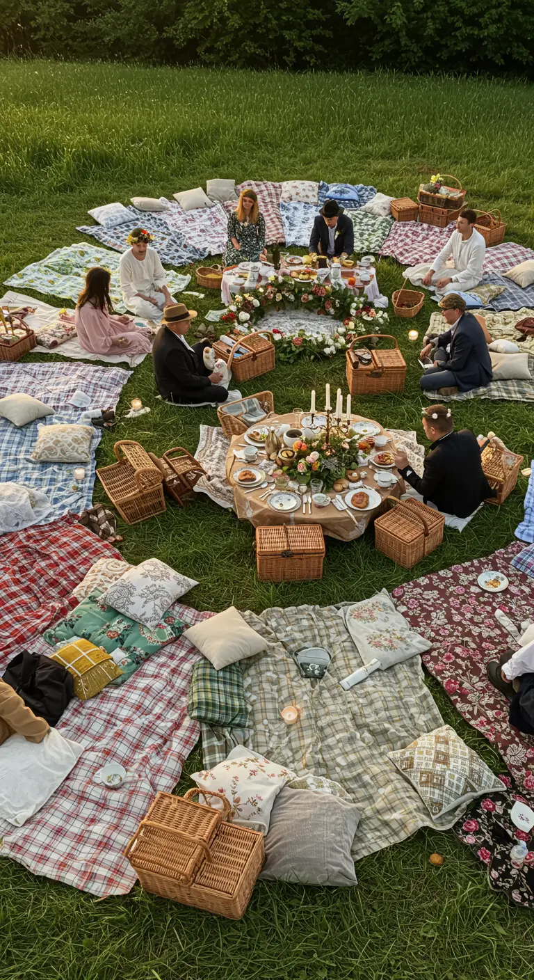 Grand pique-nique de mariage avec des invités assis sur des plaids en cercle.
