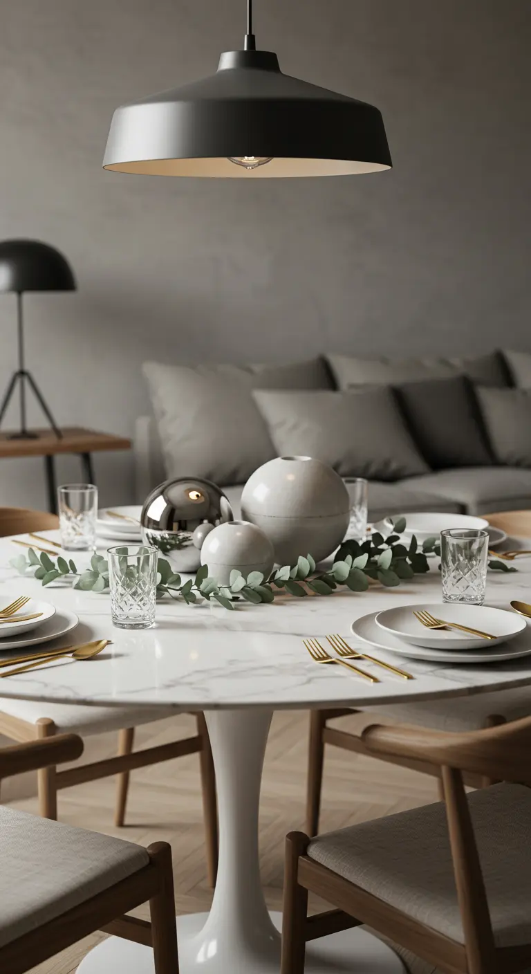 Table ronde en marbre avec des vases sphériques et une guirlande d'eucalyptus.