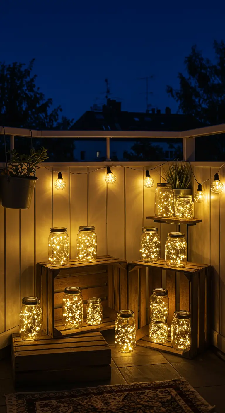 Bocaux en verre remplis de guirlandes lumineuses, disposés sur des caisses en bois.