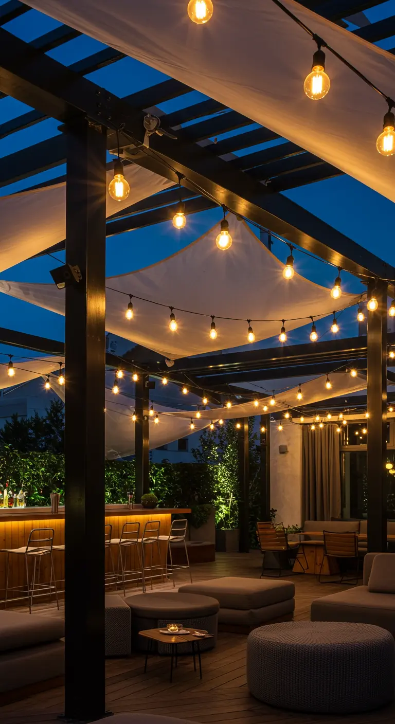 Rooftop bar de nuit, densément décoré de voiles d'ombrage et de guirlandes lumineuses.