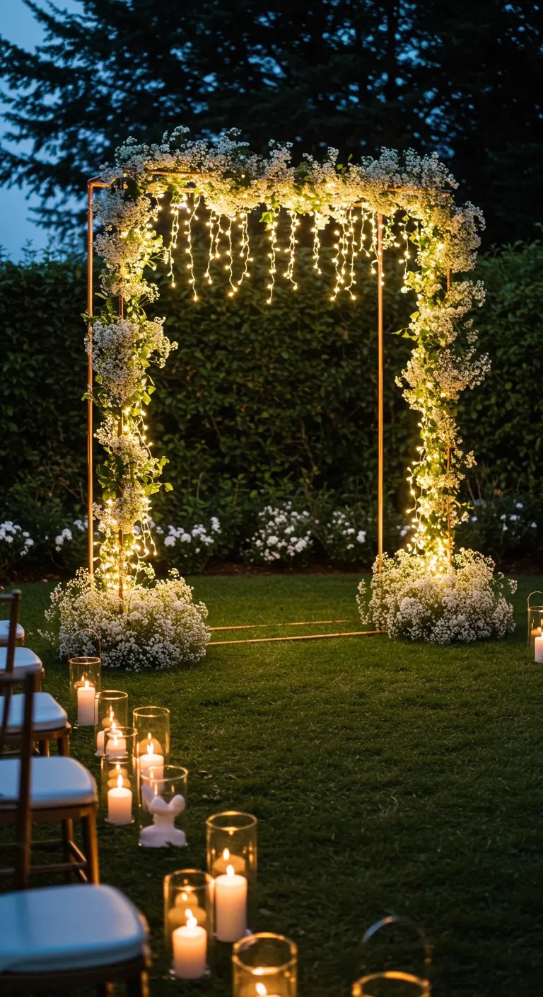 Arche de mariage moderne en cuivre avec gypsophile et guirlandes lumineuses la nuit.