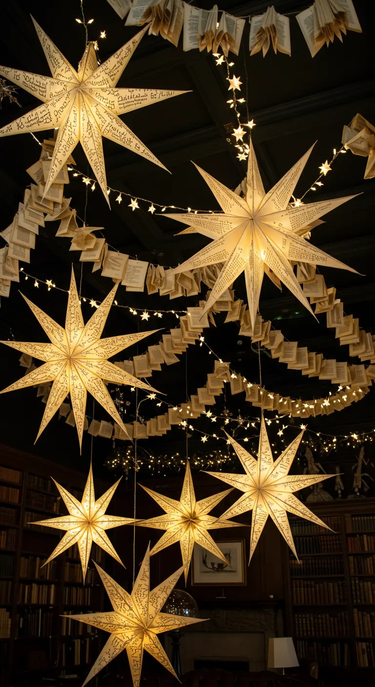 Étoiles lumineuses décorées de pages de livres dans une bibliothèque.