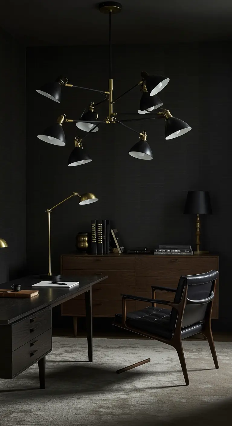 Bureau dans une pièce noire avec un grand lustre sculptural noir et laiton à plusieurs bras.