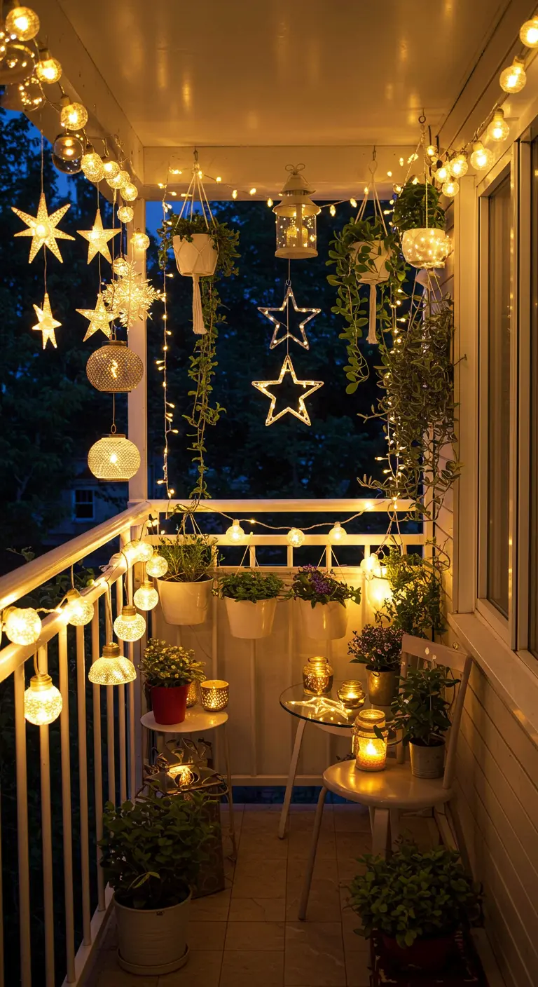 Balcon abondamment décoré avec différents types de lumières et de plantes.