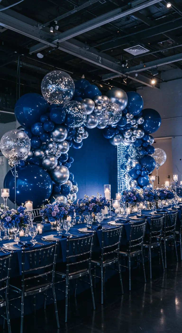 Arche de ballons bleu et argent avec des confettis, pour un thème galaxie.