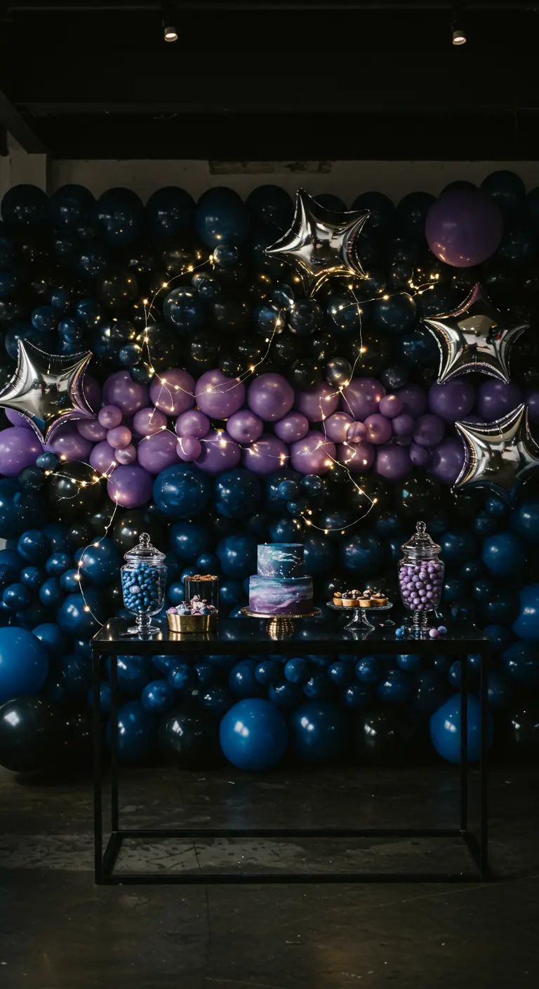 Mur de ballons galaxie bleu nuit et violet avec guirlandes lumineuses.