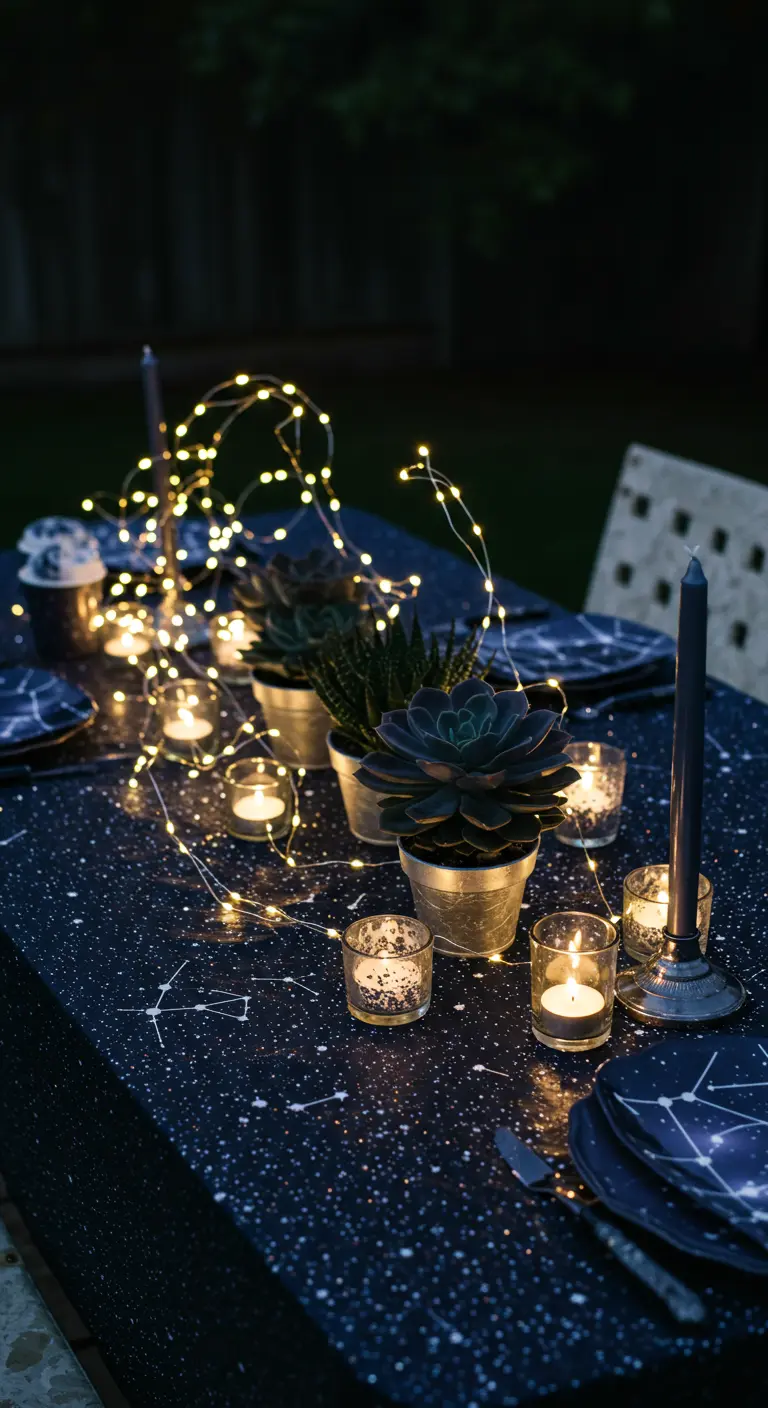Table de nuit avec une nappe étoilée, des succulentes et une guirlande lumineuse.