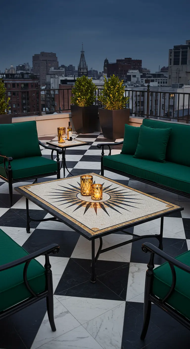 Table en mosaïque de soleil dorée sur une terrasse au sol en damier.