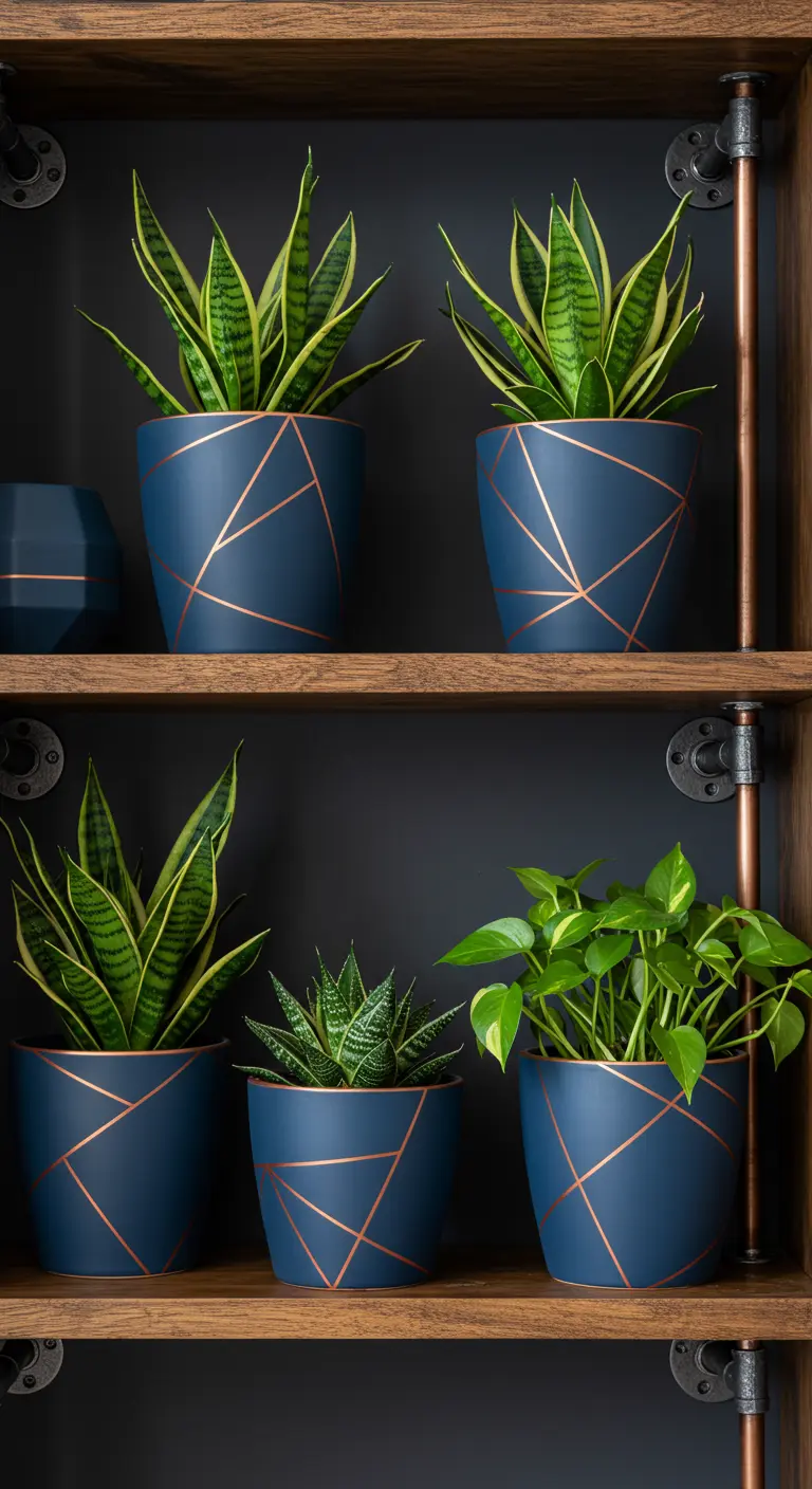Pots de fleurs bleu foncé avec des lignes géométriques cuivrées.