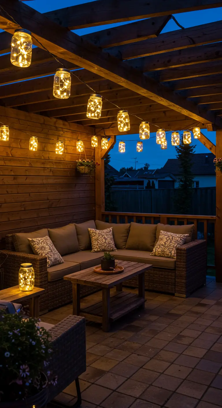 Guirlande de bocaux Mason lumineux suspendue sous une pergola en bois la nuit.