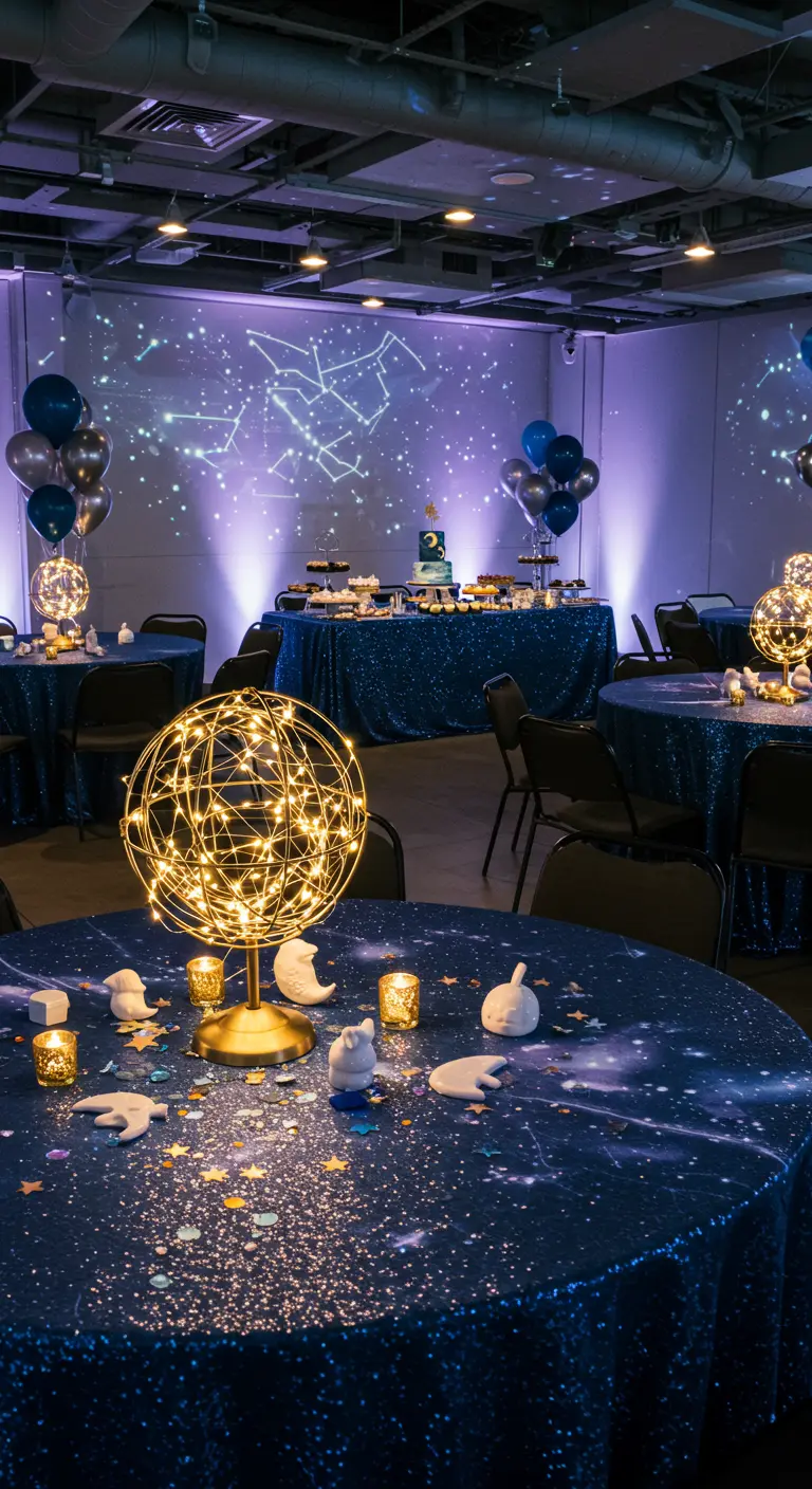 Centre de table thème espace avec sphère lumineuse, nappes pailletées et projection d'étoiles.