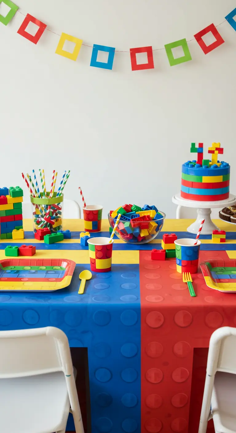 Table d'anniversaire LEGO avec nappe texturée, gâteau et vaisselle aux couleurs primaires.