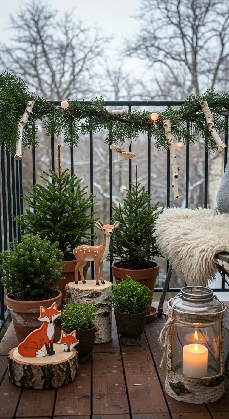Scène hivernale sur un balcon avec des mini-sapins et des figurines d'animaux.