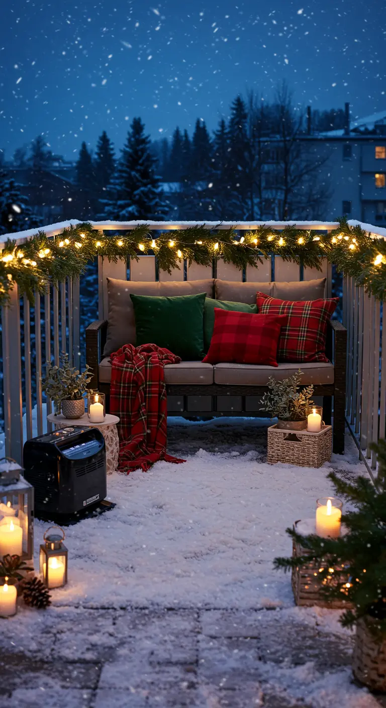 Balcon enneigé avec canapé, coussins écossais, guirlande et chauffage.