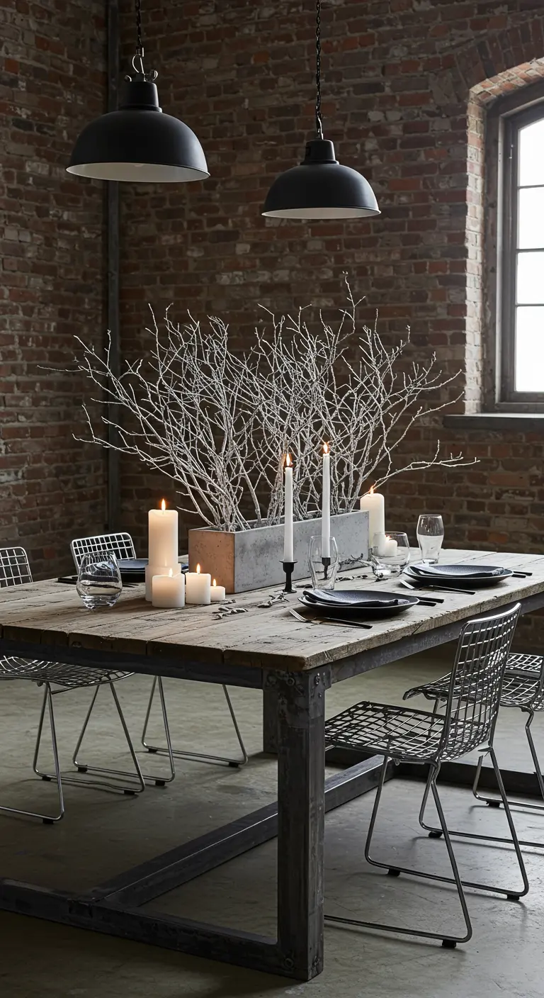 Table de style industriel avec centre de table en béton et branches blanches.