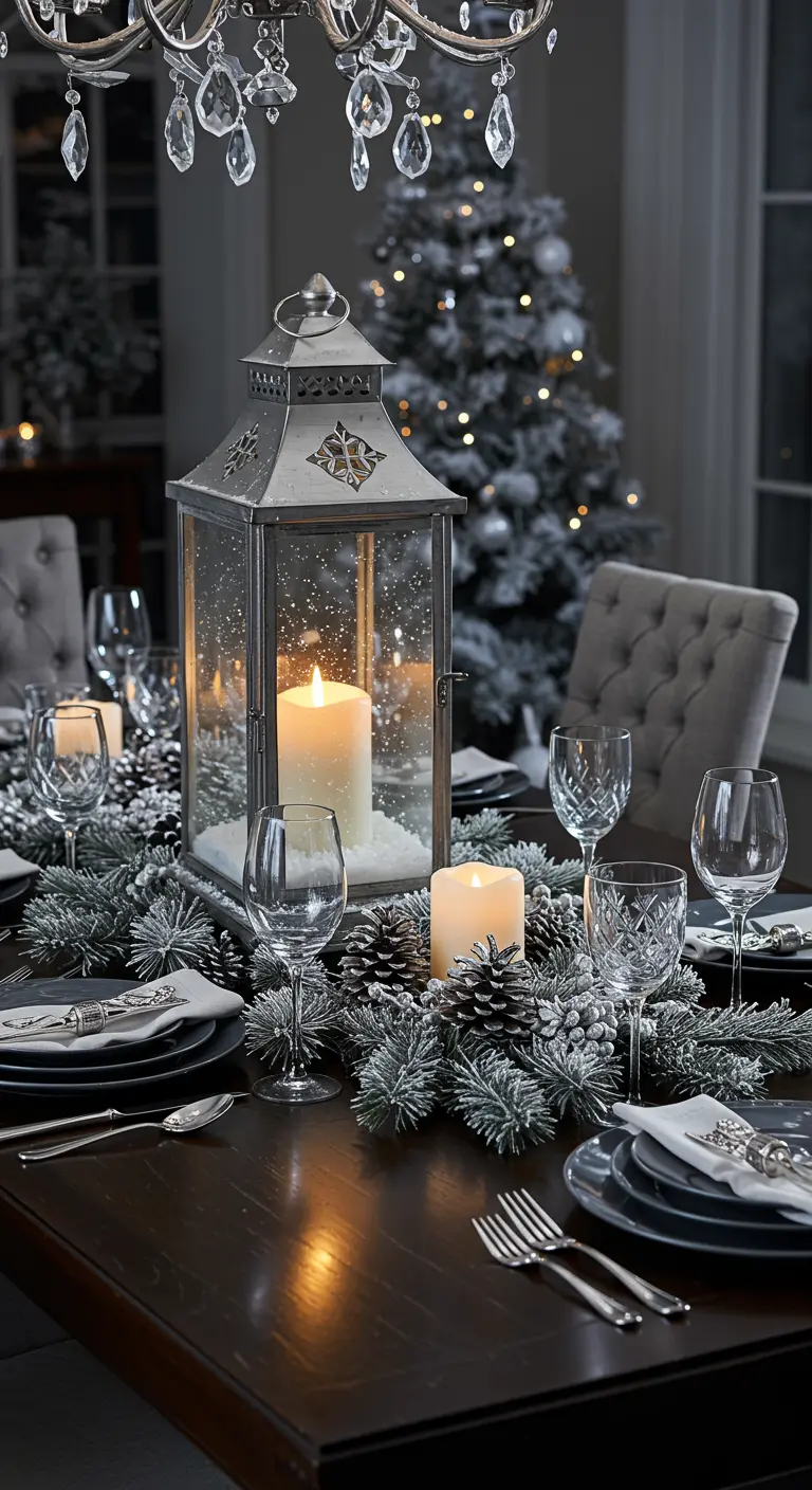 Lanterne argentée avec fausse neige et pommes de pin sur une table de fête hivernale.
