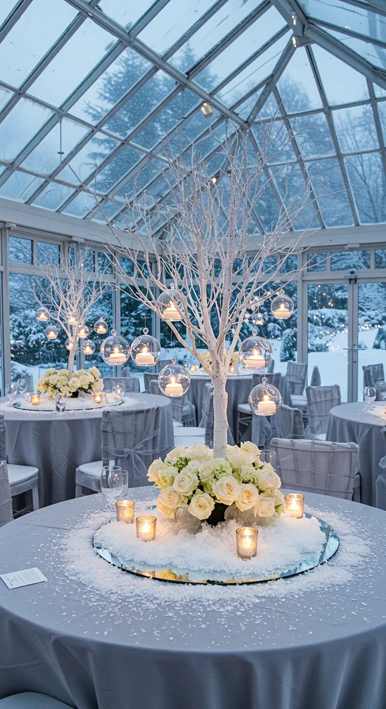Centre de table hivernal avec un arbre blanc, des bougies suspendues et de la fausse neige.