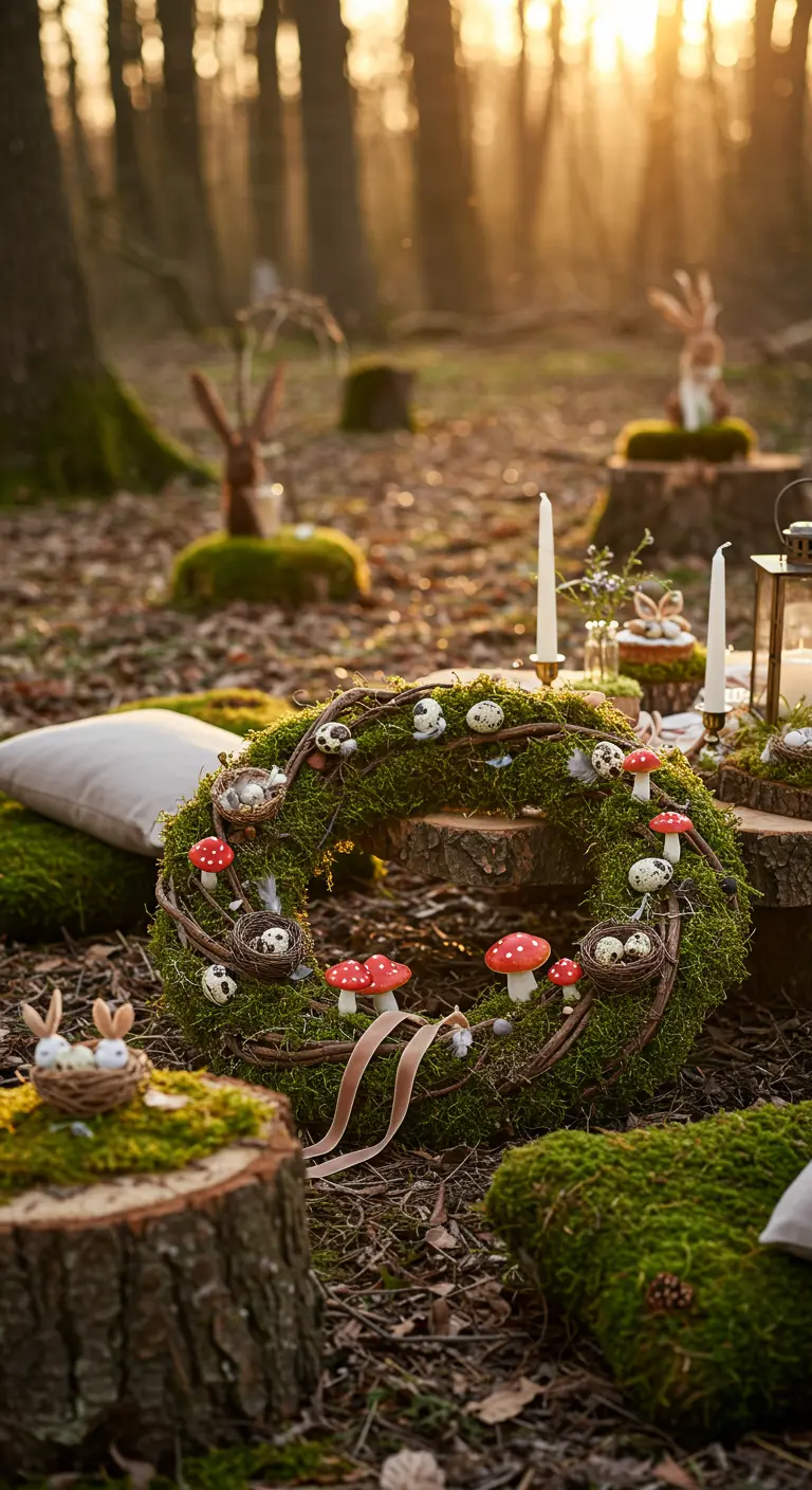 Couronne de Pâques en mousse avec des œufs de caille et des champignons dans un décor forestier.
