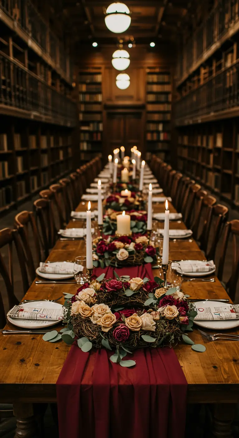 Longue table dans une bibliothèque avec des couronnes de roses et des bougies hautes