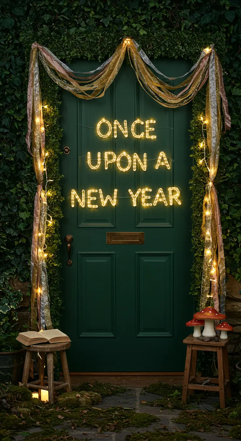 Porte verte encadrée de lierre, guirlandes lumineuses, néon