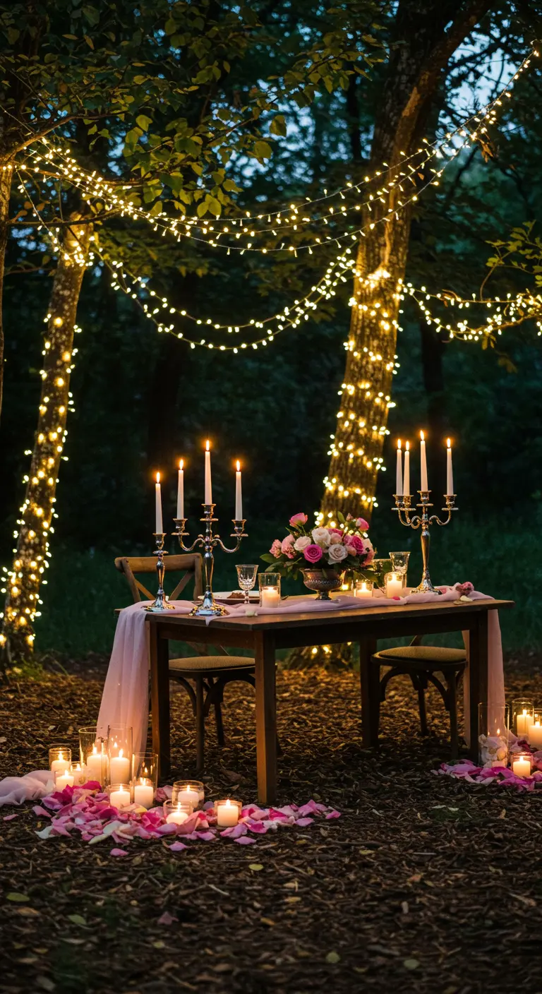 Table de dîner romantique dans une forêt illuminée de guirlandes.