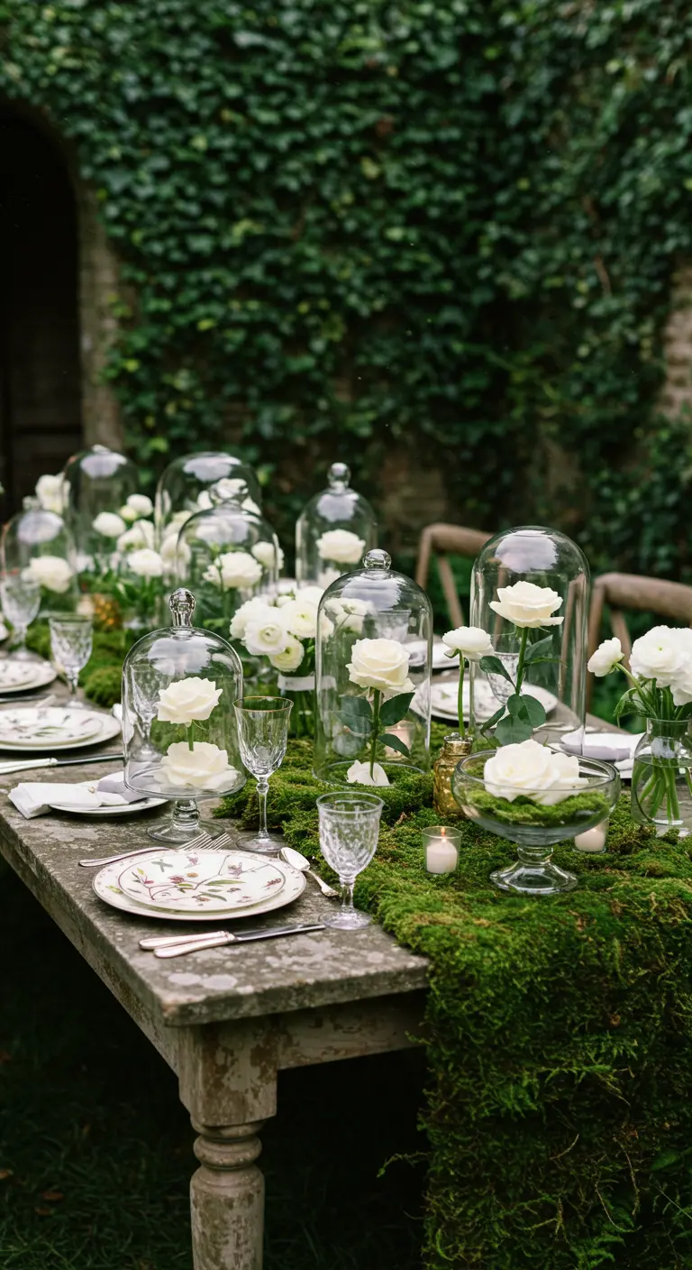 Roses blanches sous des cloches en verre sur un chemin de table en mousse.