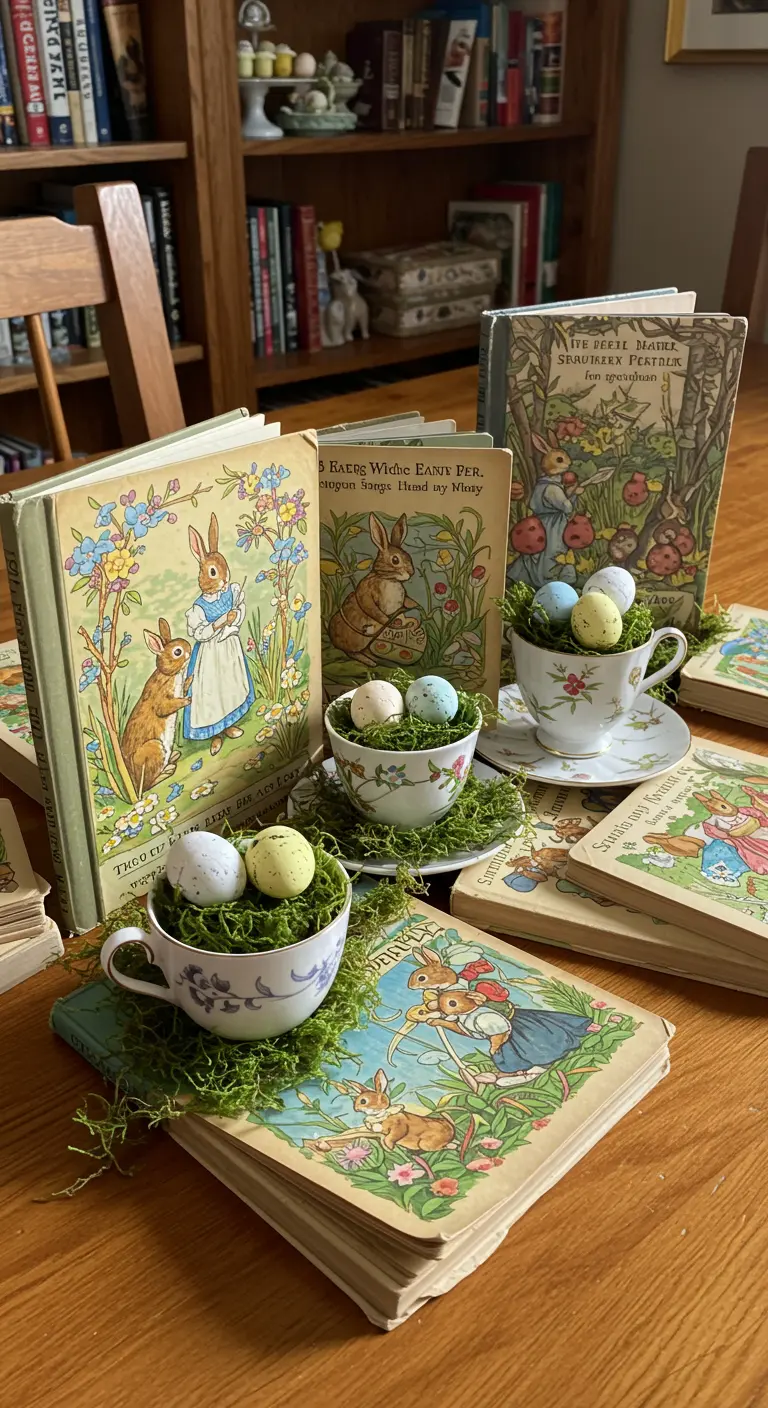 Composition de Pâques avec des livres vintage, des tasses et des œufs sur de la mousse.