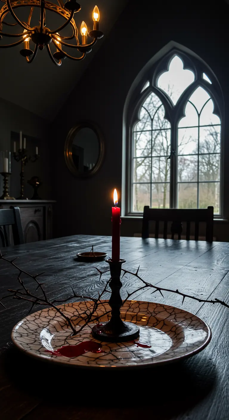 Centre de table gothique avec bougie rouge, branches épineuses et fausses taches de sang.