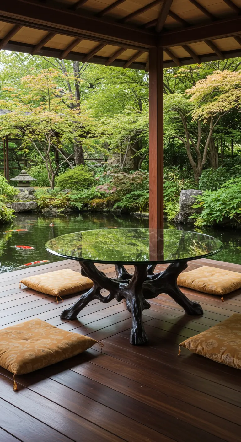 Table basse avec pied en forme de racines au bord d'un étang japonais.