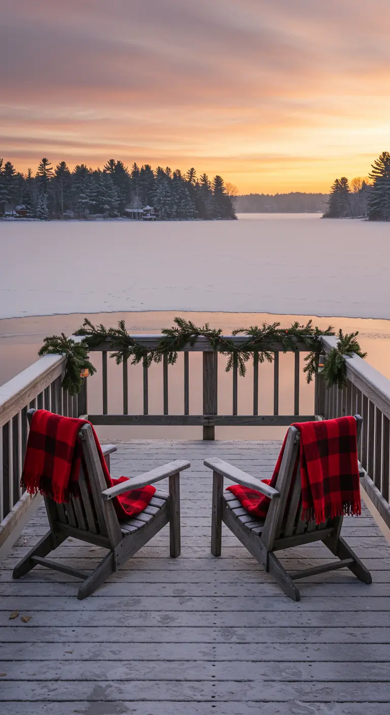 Ponton sur un lac gelé avec deux chaises et des couvertures à carreaux rouges.