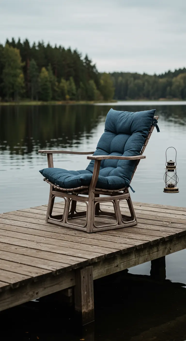 Fauteuil rembourré bleu sur un ponton en bois au bord d'un lac, avec une lanterne vintage.